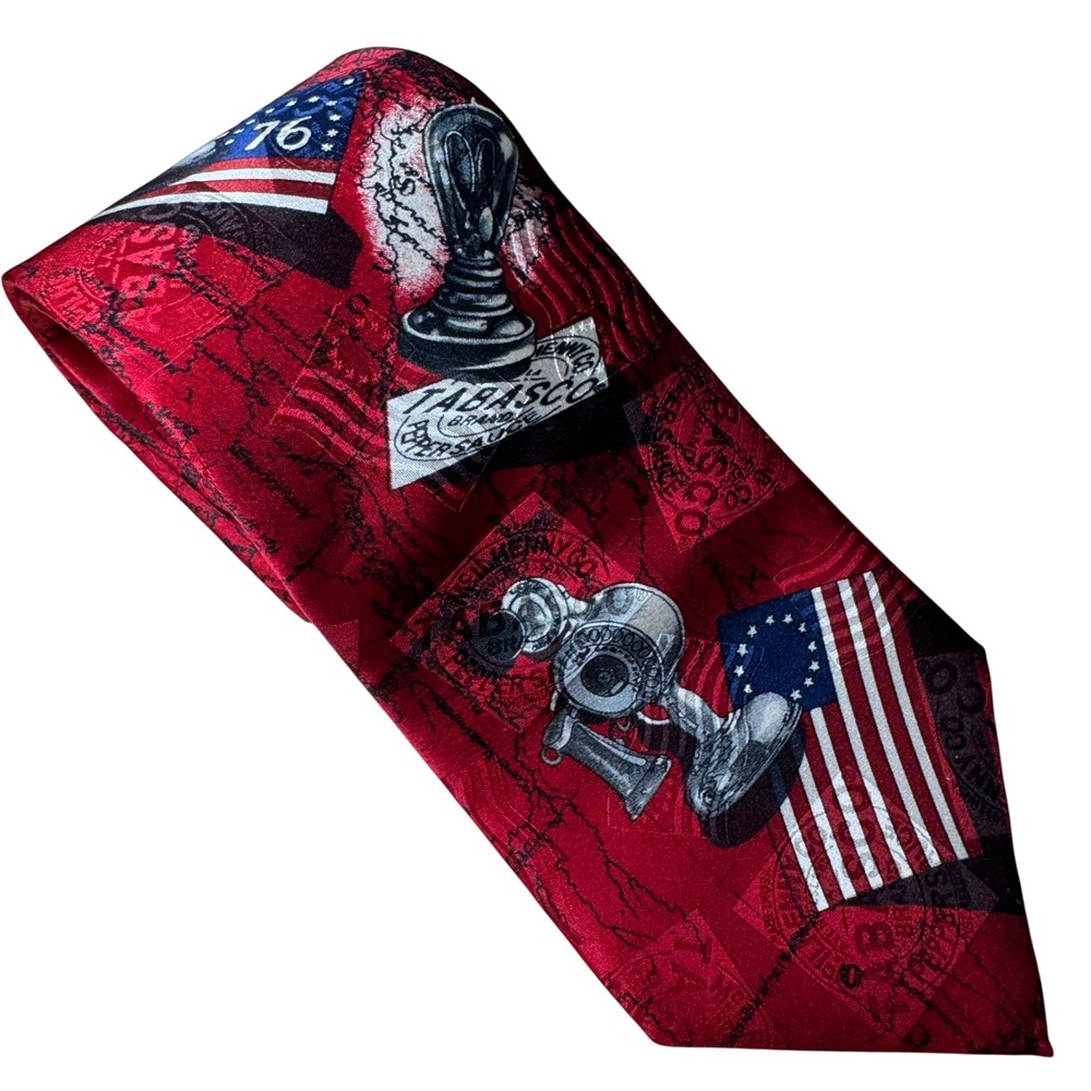 Tabasco Tie American History Themed Silk Necktie‎ Red Flag Stamp Telephone